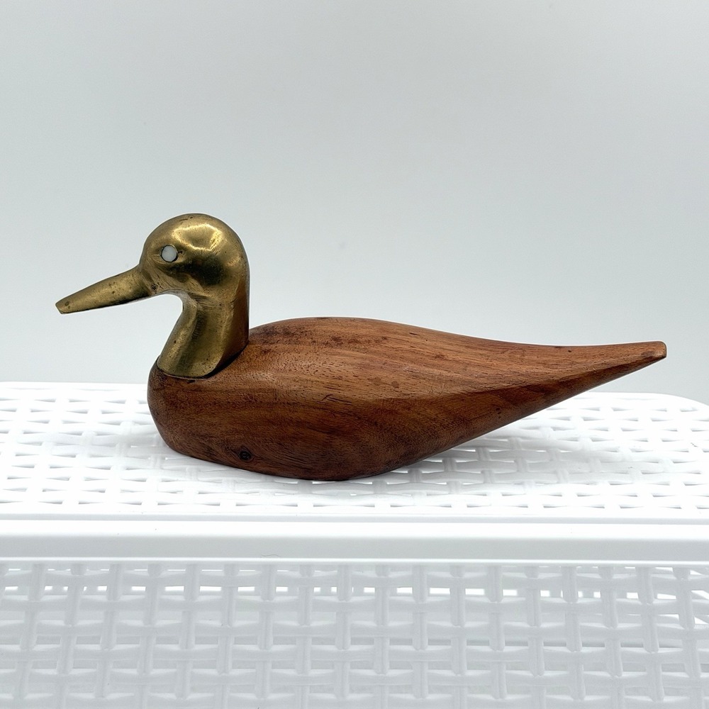 Vintage Handcrafted Wooden Duck Figurine Brass Head Collectible Decor Art Decoy